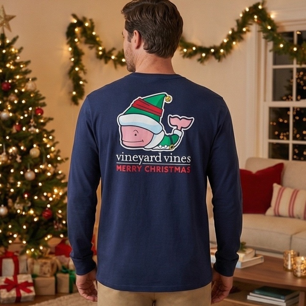 Vineyard Vines XL Long Sleeve Elf Whale Christmas Merry T-Shirt Blue Cotton Boys